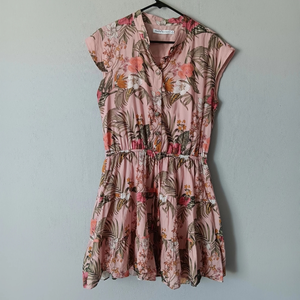 Rebecca Minkoff Ollie Dress Peach Botanica Multi Florals SZ MED small tear